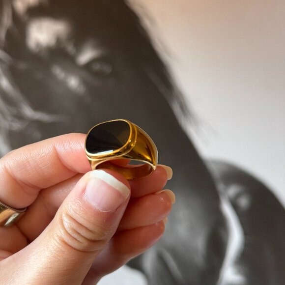 Chunky Black Enamel and Gold Signet Ring - Picture 3 of 3